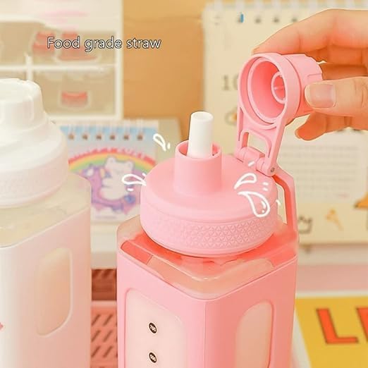 Water Bottle for Girls with Straw & Movable Handle | Leak-Proof BPA-Free Cute Plastic Bottle with 2D & 3D Stickers