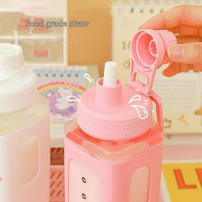 Water Bottle for Girls with Straw & Movable Handle | Leak-Proof BPA-Free Cute Plastic Bottle with 2D & 3D Stickers