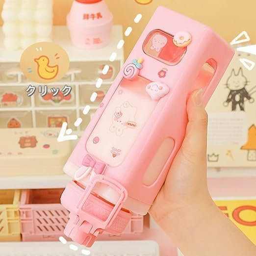 Water Bottle for Girls with Straw & Movable Handle | Leak-Proof BPA-Free Cute Plastic Bottle with 2D & 3D Stickers