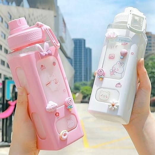 Water Bottle for Girls with Straw & Movable Handle | Leak-Proof BPA-Free Cute Plastic Bottle with 2D & 3D Stickers