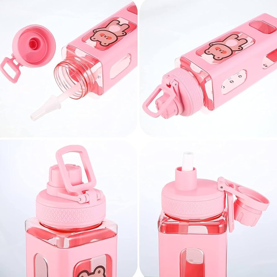 Water Bottle for Girls with Straw & Movable Handle | Leak-Proof BPA-Free Cute Plastic Bottle with 2D & 3D Stickers
