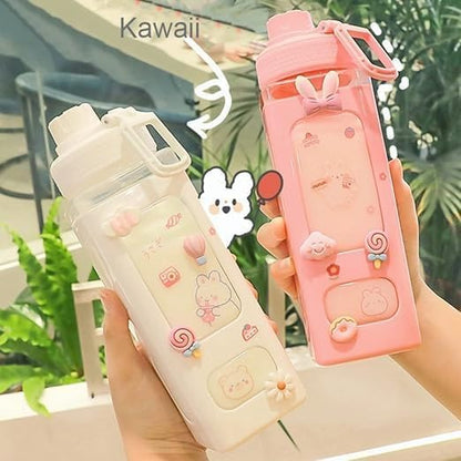 Water Bottle for Girls with Straw & Movable Handle | Leak-Proof BPA-Free Cute Plastic Bottle with 2D & 3D Stickers
