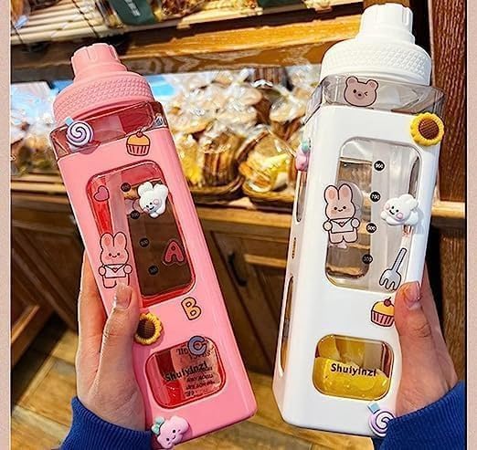 Water Bottle for Girls with Straw & Movable Handle | Leak-Proof BPA-Free Cute Plastic Bottle with 2D & 3D Stickers