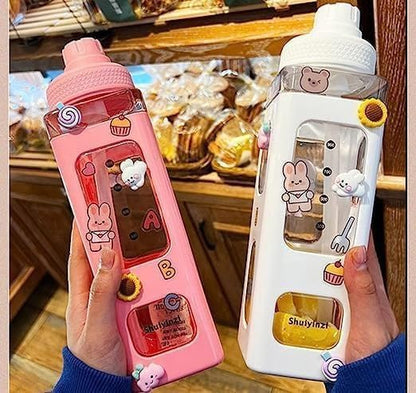 Water Bottle for Girls with Straw & Movable Handle | Leak-Proof BPA-Free Cute Plastic Bottle with 2D & 3D Stickers