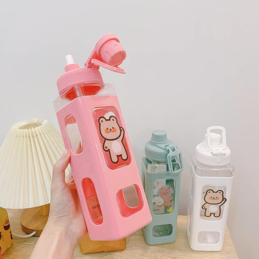 Water Bottle for Girls with Straw & Movable Handle | Leak-Proof BPA-Free Cute Plastic Bottle with 2D & 3D Stickers