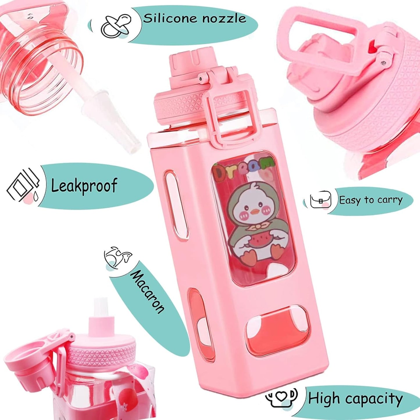 Water Bottle for Girls with Straw & Movable Handle | Leak-Proof BPA-Free Cute Plastic Bottle with 2D & 3D Stickers