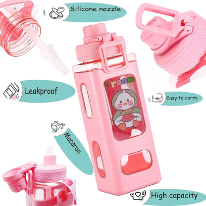 Water Bottle for Girls with Straw & Movable Handle | Leak-Proof BPA-Free Cute Plastic Bottle with 2D & 3D Stickers