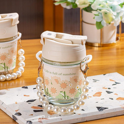 White Pearl Glass Coffee Tumbler with Lid, Silicone Sleeve & Pearl Handle – 350 ml