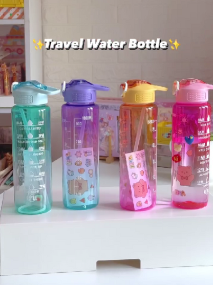 Transparent Plastic Water Bottle (900 ml) With Time Marker ,Multicolor