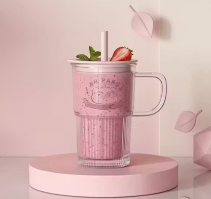 Panda Glass Mug Sipper with Straw & Lid | Cute Ribbed Korean Glass Cup | Random Colour | 1 Pc