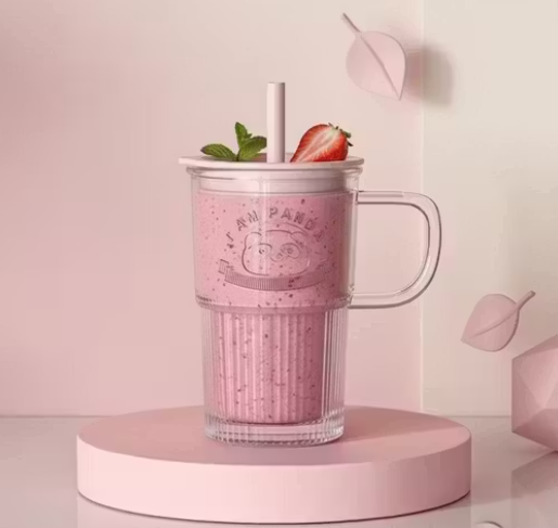 Panda Glass Mug Sipper with Straw & Lid | Cute Ribbed Korean Glass Cup | Random Colour | 1 Pc
