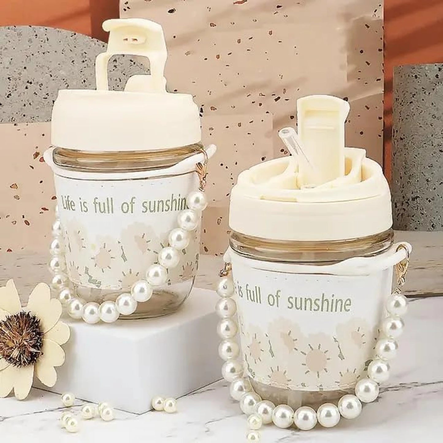 White Pearl Glass Coffee Tumbler with Lid, Silicone Sleeve & Pearl Handle – 350 ml