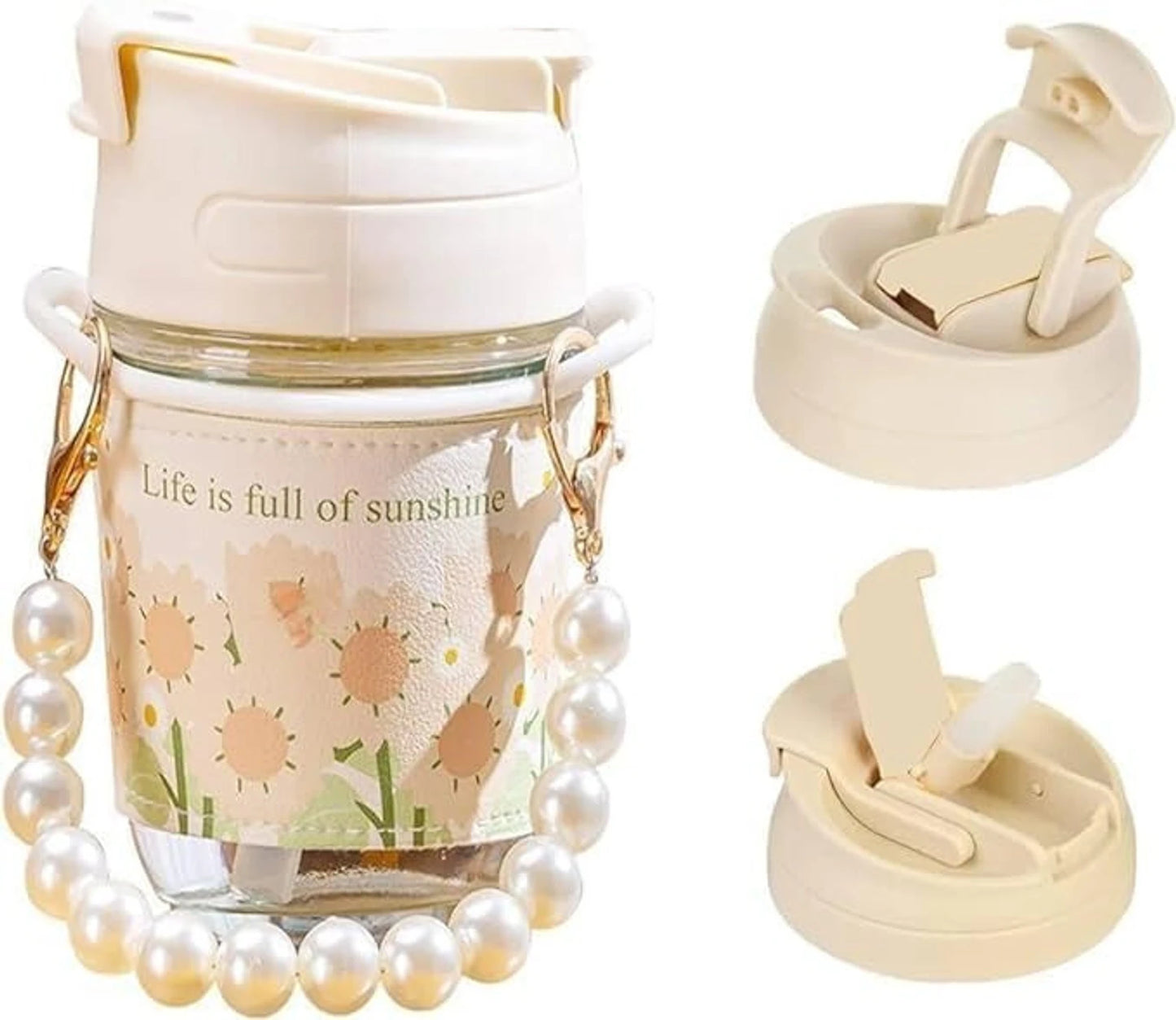White Pearl Glass Coffee Tumbler with Lid, Silicone Sleeve & Pearl Handle – 350 ml