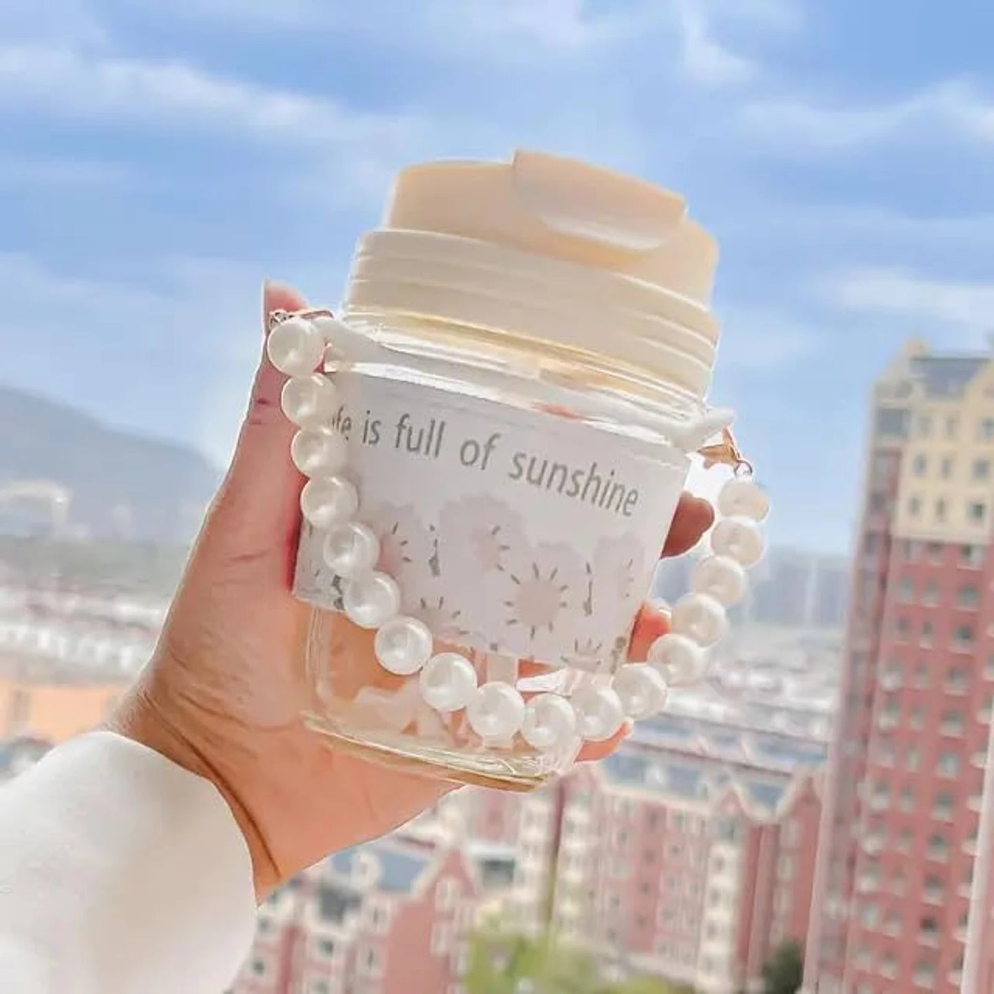 White Pearl Glass Coffee Tumbler with Lid, Silicone Sleeve & Pearl Handle – 350 ml