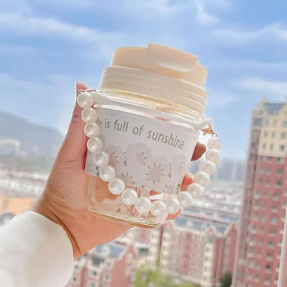 White Pearl Glass Coffee Tumbler with Lid, Silicone Sleeve & Pearl Handle – 350 ml