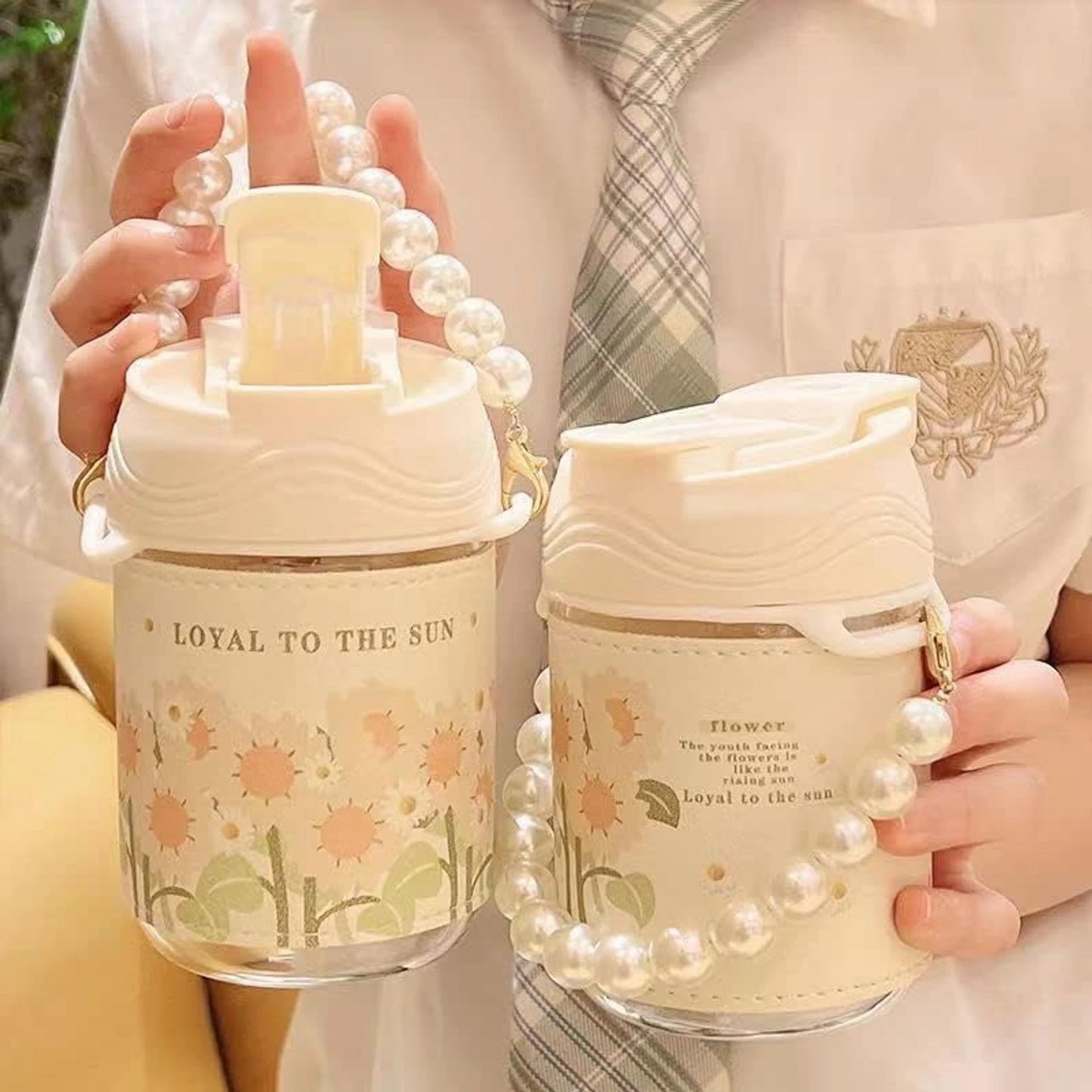 White Pearl Glass Coffee Tumbler with Lid, Silicone Sleeve & Pearl Handle – 350 ml