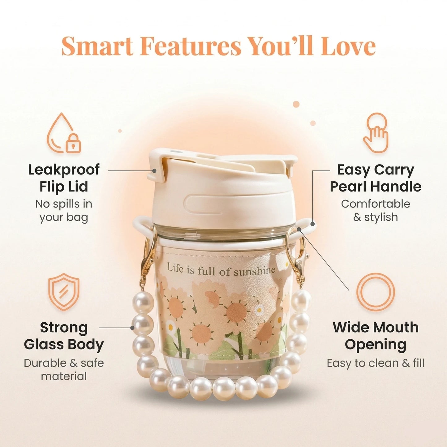 White Pearl Glass Coffee Tumbler with Lid, Silicone Sleeve & Pearl Handle – 350 ml