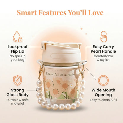 White Pearl Glass Coffee Tumbler with Lid, Silicone Sleeve & Pearl Handle – 350 ml