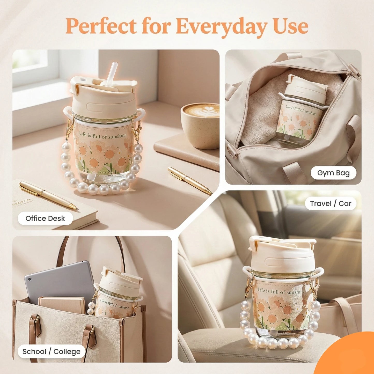 White Pearl Glass Coffee Tumbler with Lid, Silicone Sleeve & Pearl Handle – 350 ml