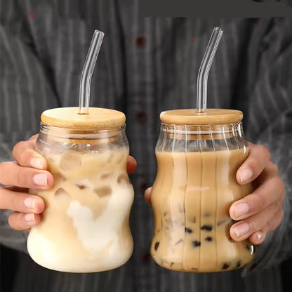 Aesthetic Wave Shape Coffee Tumbler with Wooden Lid & Straw (Pack of 1)