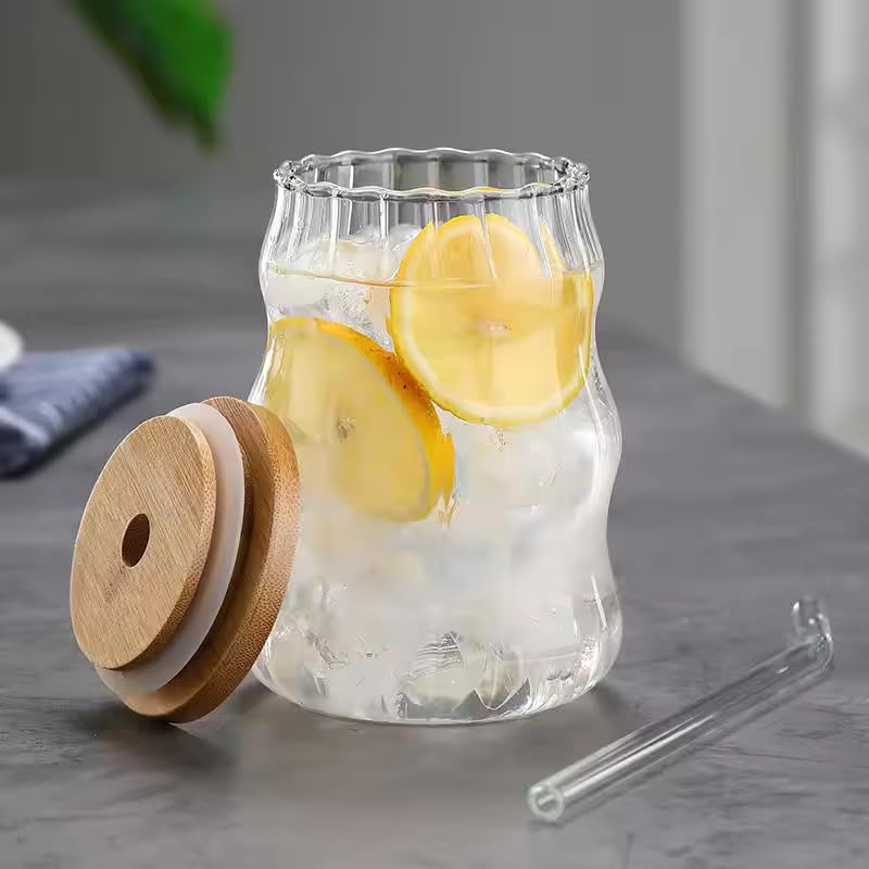 Aesthetic Wave Shape Coffee Tumbler with Wooden Lid & Straw (Pack of 1)