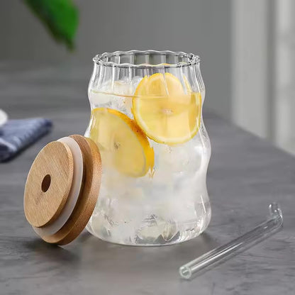 Aesthetic Wave Shape Coffee Tumbler with Wooden Lid & Straw (Pack of 1)