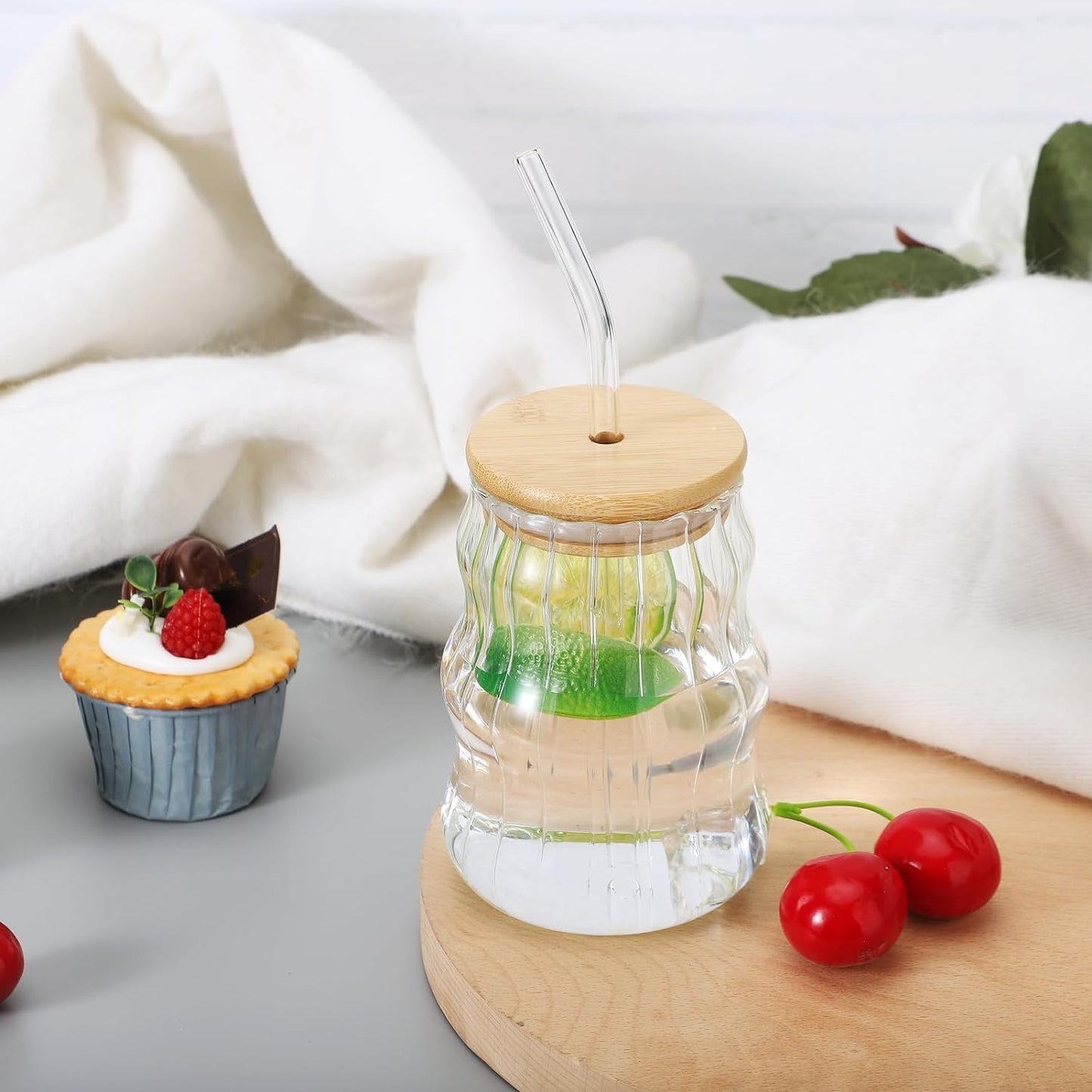 Aesthetic Wave Shape Coffee Tumbler with Wooden Lid & Straw (Pack of 1)