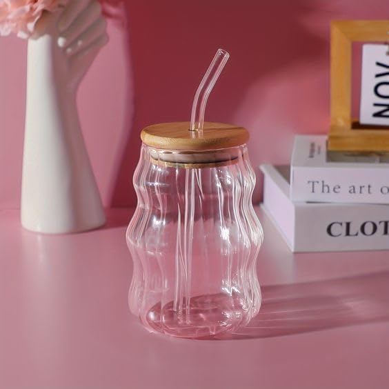 Aesthetic Wave Shape Coffee Tumbler with Wooden Lid & Straw (Pack of 1)