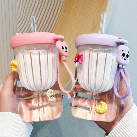 Straw Cup Cartoon Korean Glass | Aesthetic Tumbler with Lid & Straw Pack Of 1