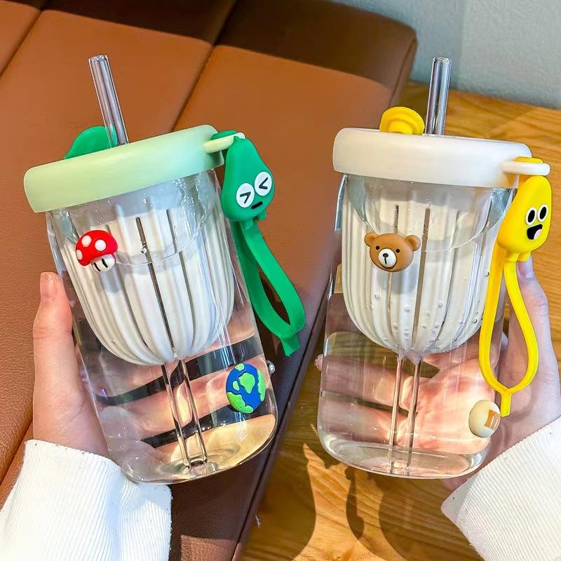 Straw Cup Cartoon Korean Glass | Aesthetic Tumbler with Lid & Straw Pack Of 1