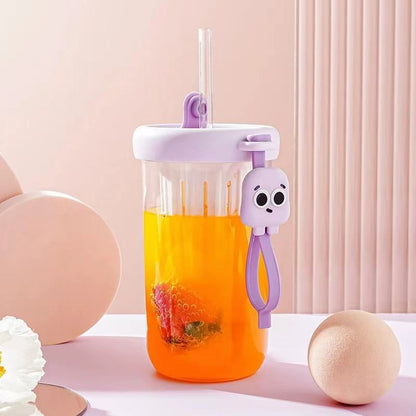 Straw Cup Cartoon Korean Glass | Aesthetic Tumbler with Lid & Straw Pack Of 1
