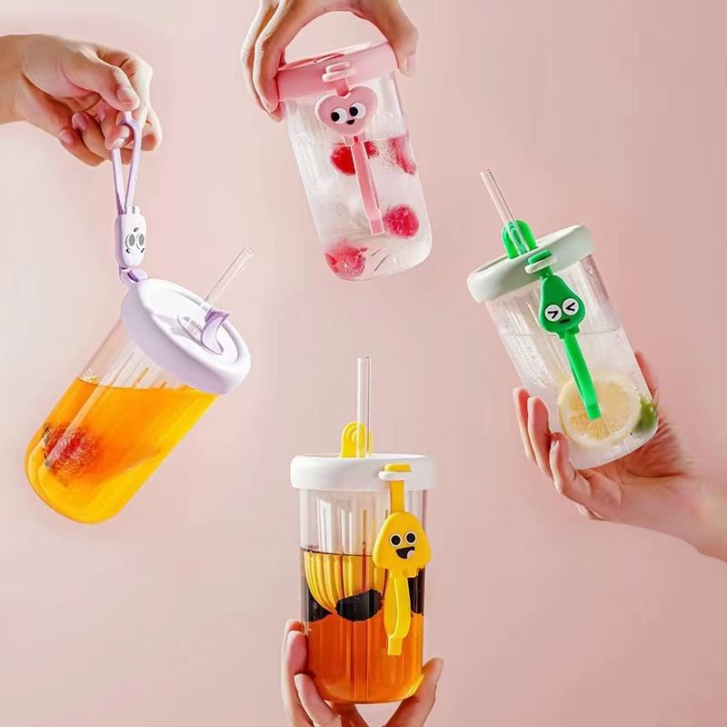Straw Cup Cartoon Korean Glass | Aesthetic Tumbler with Lid & Straw Pack Of 1