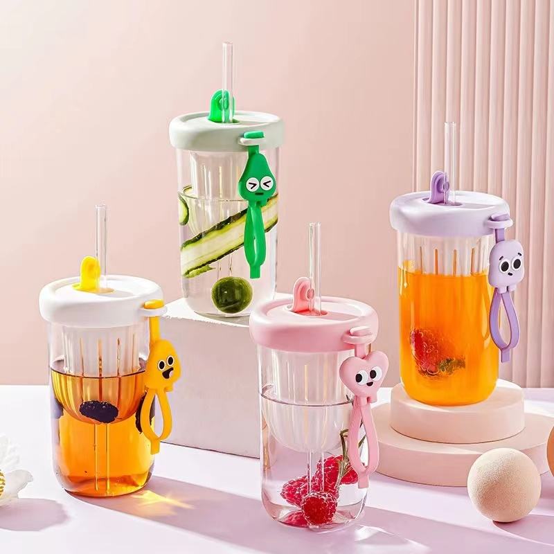 Straw Cup Cartoon Korean Glass | Aesthetic Tumbler with Lid & Straw Pack Of 1