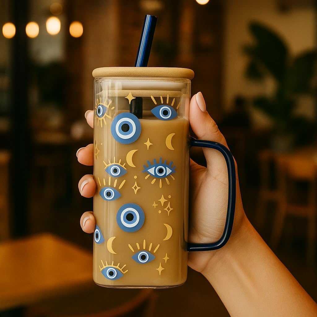 Mystic Evil Eye Glass Cup 400ml | Moon & Star Square Iced Coffee Glass with Bamboo Lid & Straw