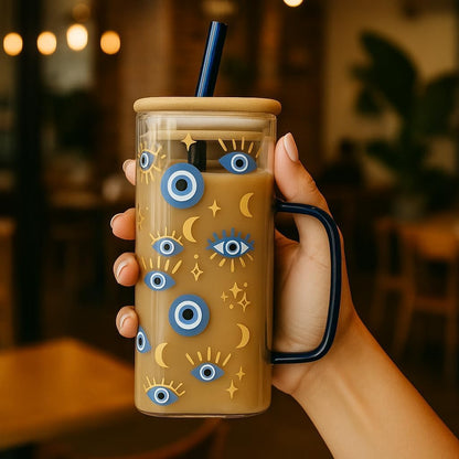 Mystic Evil Eye Glass Cup 400ml | Moon & Star Square Iced Coffee Glass with Bamboo Lid & Straw