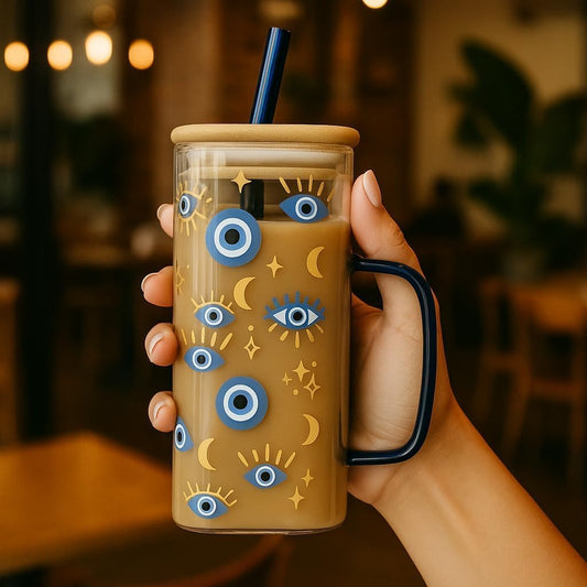 Mystic Evil Eye Glass Cup 400ml | Moon & Star Square Iced Coffee Glass with Bamboo Lid & Straw