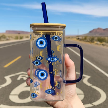 Mystic Evil Eye Glass Cup 400ml | Moon & Star Square Iced Coffee Glass with Bamboo Lid & Straw