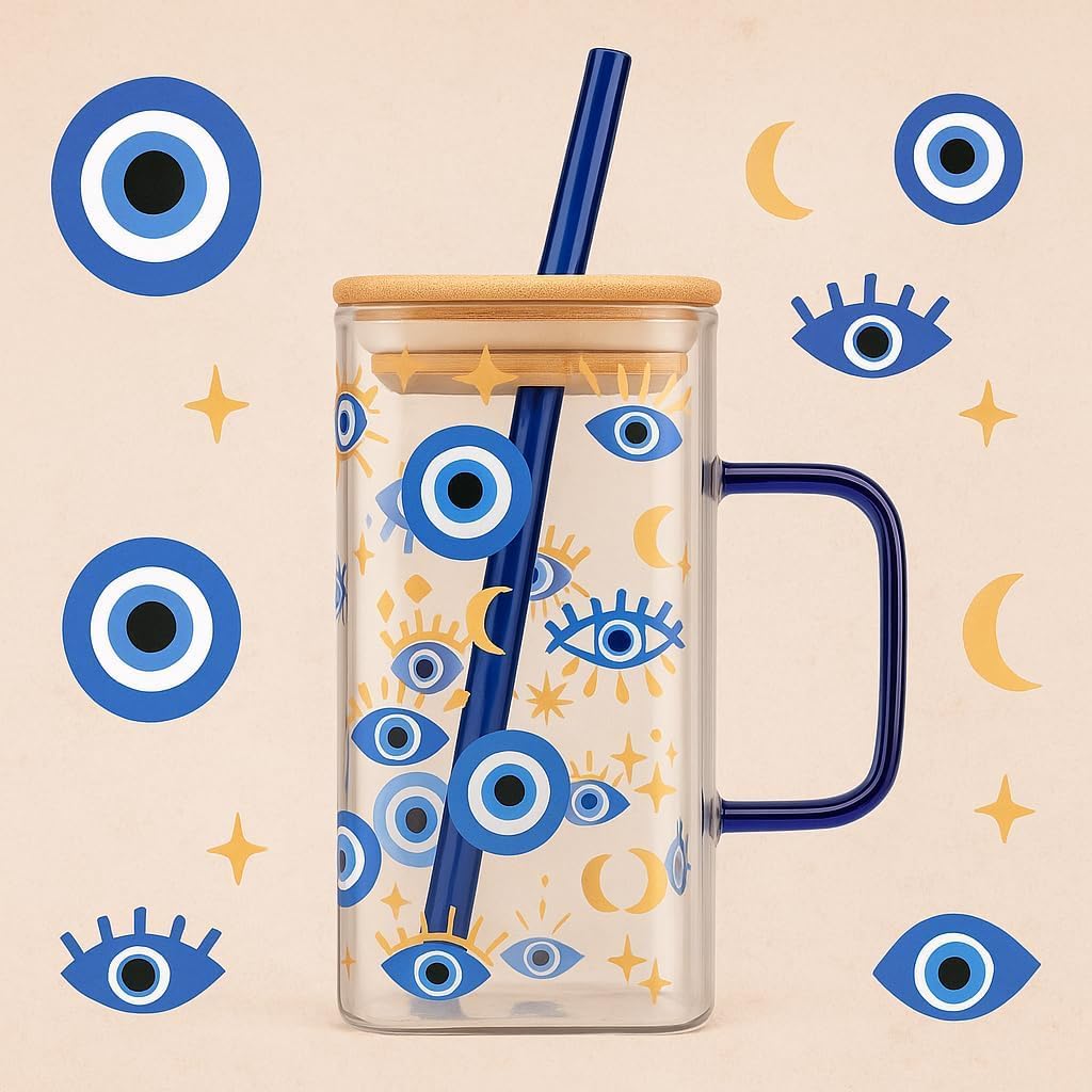 Mystic Evil Eye Glass Cup 400ml | Moon & Star Square Iced Coffee Glass with Bamboo Lid & Straw