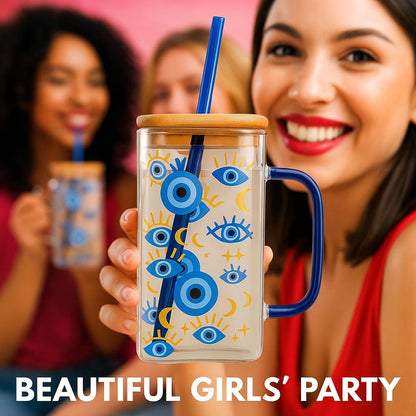 Mystic Evil Eye Glass Cup 400ml | Moon & Star Square Iced Coffee Glass with Bamboo Lid & Straw