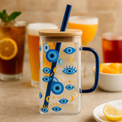 Mystic Evil Eye Glass Cup 400ml | Moon & Star Square Iced Coffee Glass with Bamboo Lid & Straw