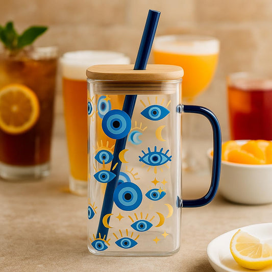 Mystic Evil Eye Glass Cup 400ml | Moon & Star Square Iced Coffee Glass with Bamboo Lid & Straw