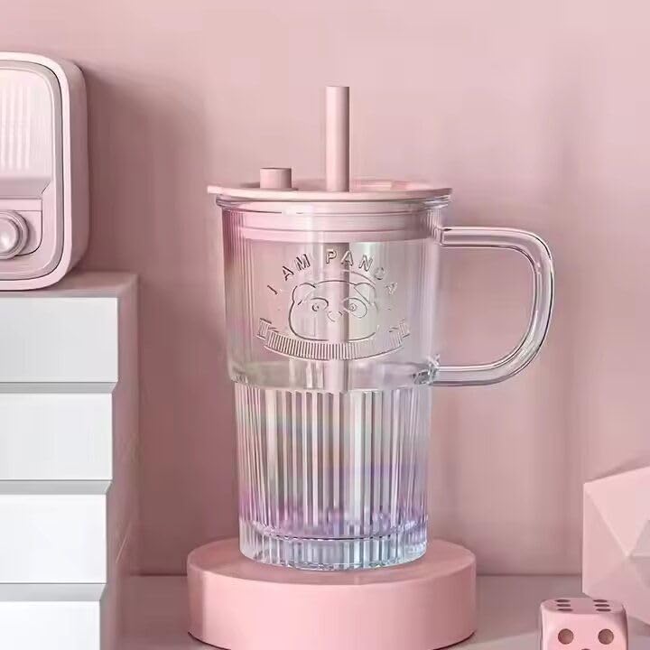 Panda Glass Mug Sipper with Straw & Lid | Cute Ribbed Korean Glass Cup | Random Colour | 1 Pc