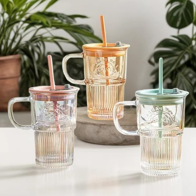 Panda Glass Mug Sipper with Straw & Lid | Cute Ribbed Korean Glass Cup | Random Colour | 1 Pc