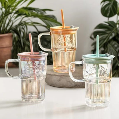 Panda Glass Mug Sipper with Straw & Lid | Cute Ribbed Korean Glass Cup | Random Colour | 1 Pc
