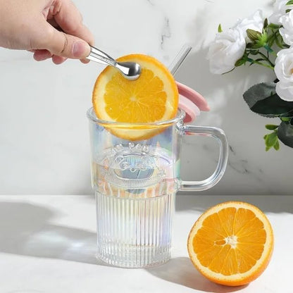 Panda Glass Mug Sipper with Straw & Lid | Cute Ribbed Korean Glass Cup | Random Colour | 1 Pc