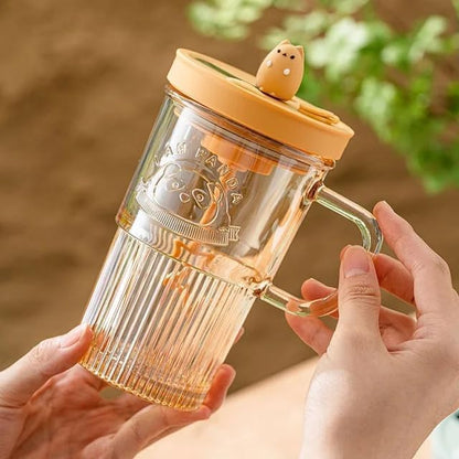 Panda Glass Mug Sipper with Straw & Lid | Cute Ribbed Korean Glass Cup | Random Colour | 1 Pc