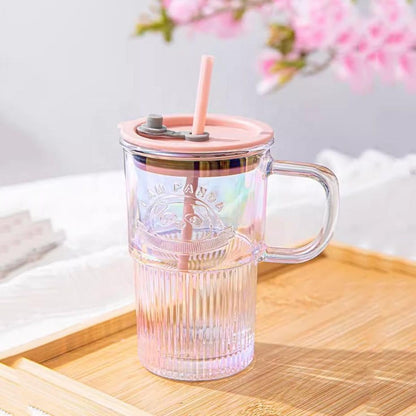 Panda Glass Mug Sipper with Straw & Lid | Cute Ribbed Korean Glass Cup | Random Colour | 1 Pc