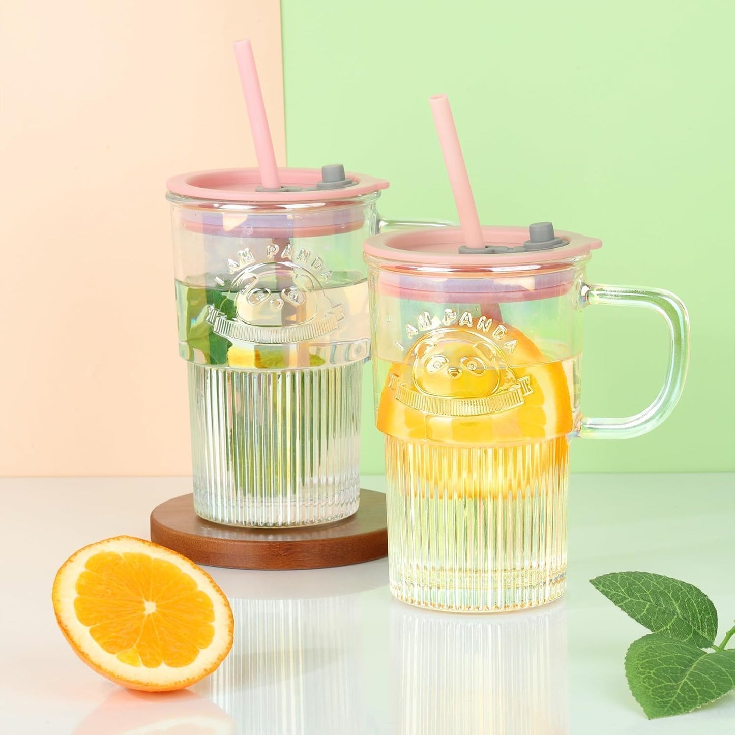 Panda Glass Mug Sipper with Straw & Lid | Cute Ribbed Korean Glass Cup | Random Colour | 1 Pc