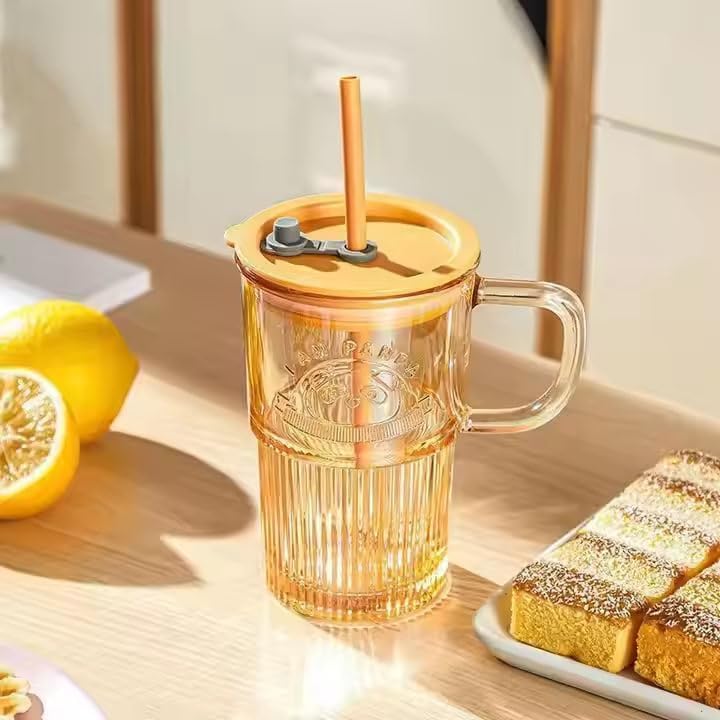 Panda Glass Mug Sipper with Straw & Lid | Cute Ribbed Korean Glass Cup | Random Colour | 1 Pc