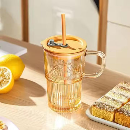 Panda Glass Mug Sipper with Straw & Lid | Cute Ribbed Korean Glass Cup | Random Colour | 1 Pc